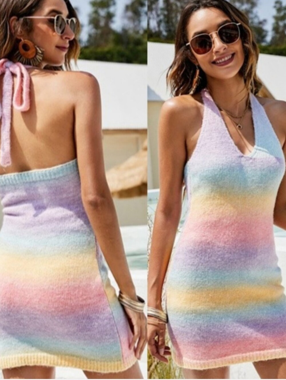 Pastel Rainbow Backless Halter Dress - Women's
